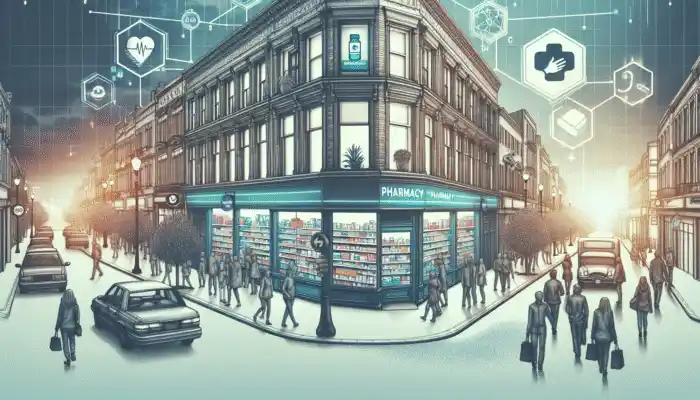 Sterile Gloves in Bedford: A Bedford street showcasing Boots, Lloyds Pharmacy, and an independent pharmacy with sterile gloves.