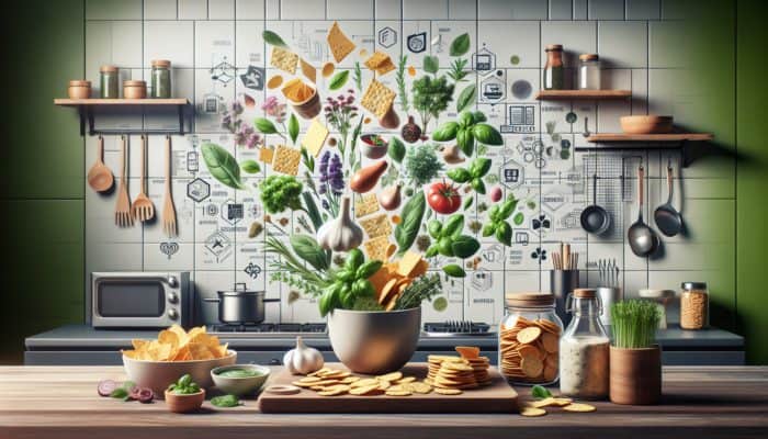 A vibrant kitchen scene showcasing herbs like basil, rosemary, and thyme being mixed into snacks, presenting a healthy snacking guide.