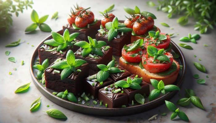 An enticing snack platter featuring chocolate brownies with mint, and tomato bruschetta topped with basil.