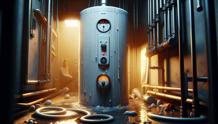A malfunctioning water heater showing leaks, sediment, and fluctuating gauges in a dimly lit utility room; a concerned homeowner in the vicinity.