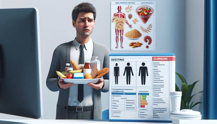 An individual experiencing digestive issues and fatigue, looking perplexed while holding gluten and dairy foods, close to a food intolerance test kit in a clinic.