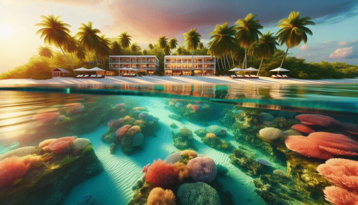 A tranquil Belizean beachfront adorned with eco-friendly hotels, palm trees, and a stunning sunset.