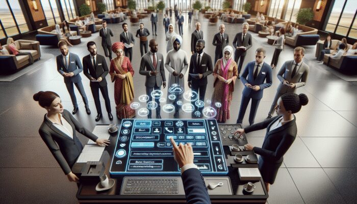 Hotel staff interacting with diverse guests in a luxurious lobby, utilizing modern booking technology and role-playing for enhanced service.