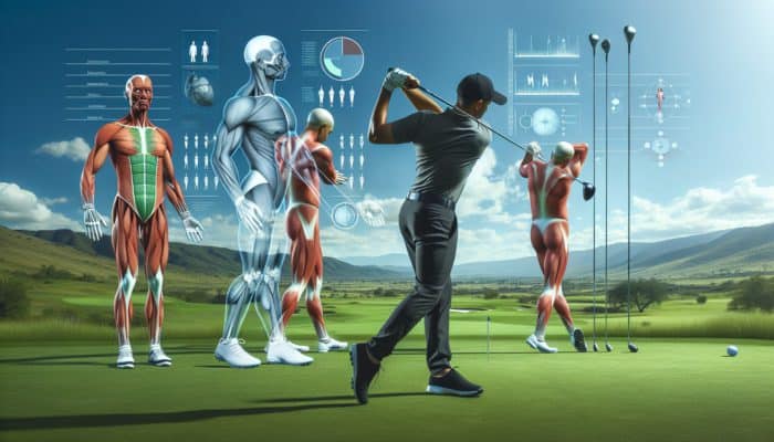 A beginner golfer practicing swings on a green course, guided by fitness experts with visual aids, under a clear sky.