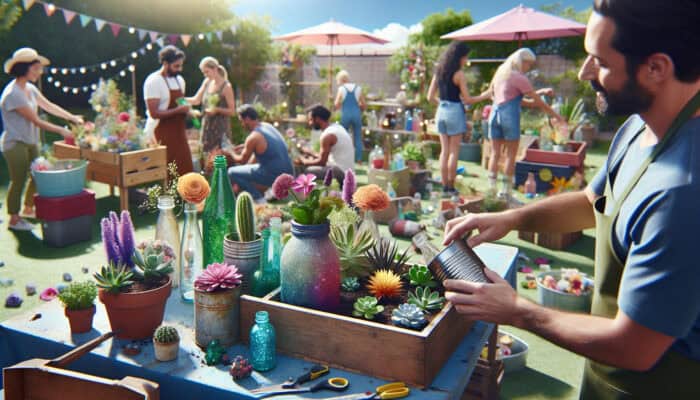 Individuals creatively reusing household waste for summer clearance, using containers as planters and bottles as garden decor.