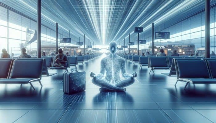 A serene person practicing deep breathing and mindfulness in a tranquil airport lounge.