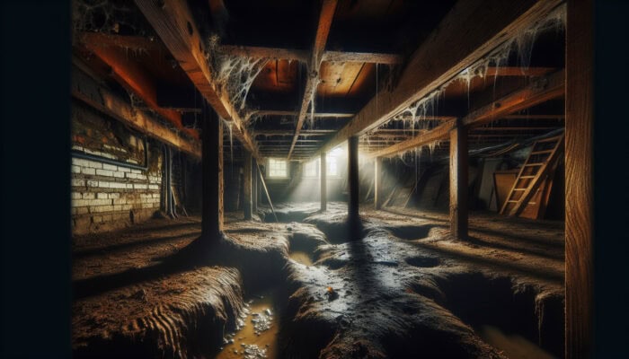 Crawl Space Drainage Services in Port Coquitlam: Dimly lit crawl space showing visible moisture, mold, structural damage, and pests.