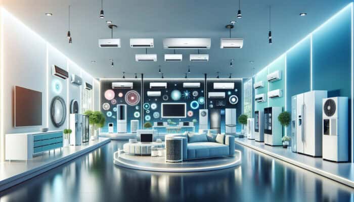A wide selection of air conditioning units displayed in a contemporary showroom.