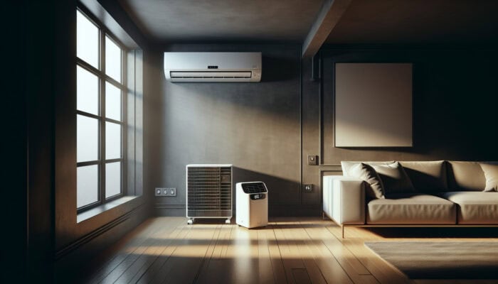 A modern room featuring both a window and a portable air conditioner, highlighting their versatility and cost-effectiveness.