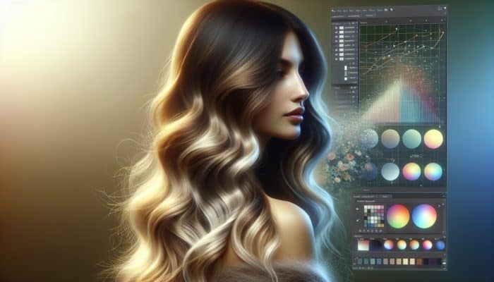 Woman showcasing ombre hair transitioning from dark roots to light tips in loose waves, illuminated for a sun-kissed effect.