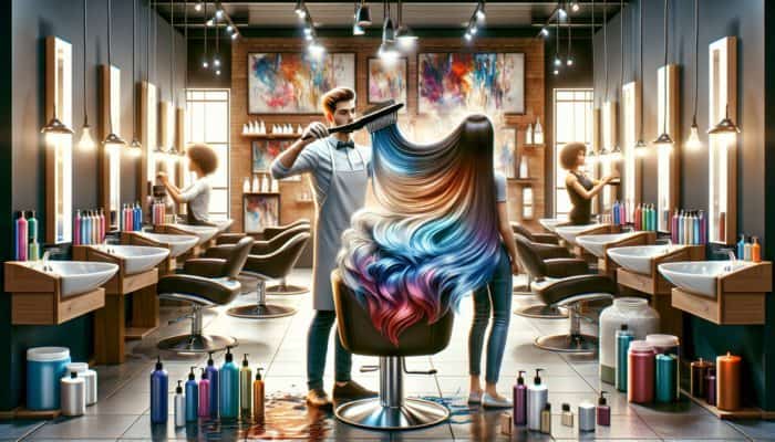 A professional stylist applying ombre hair color with top-quality products in a well-lit salon.