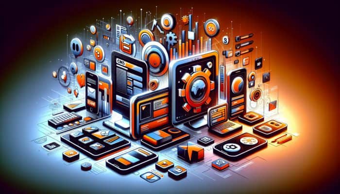 Modern website interface showcasing icons for CMS, responsive design, and SEO, adapting to various devices.