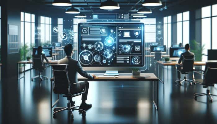 A professional website displayed on a computer screen in a modern office, showcasing responsive design and SEO optimization.