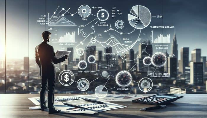 A businessman analyzing loan documents with charts and graphs in a modern office, city skyline visible.