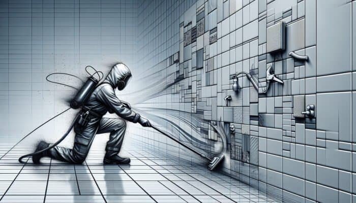 A professional cleaner using specialized tools to clean and protect tiles and grout in a modern UK home.