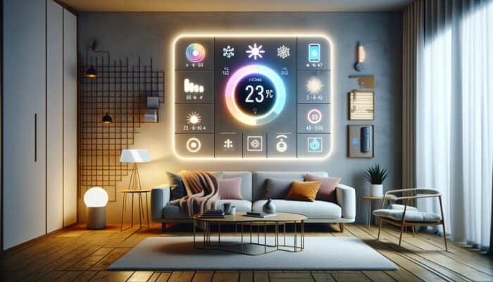 Smart thermostat on wall in modern living room, controlled by smartphone, with sensors monitoring heating system.