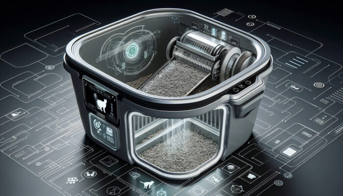 High-tech litter robot with sensors, sifting mechanism, and sealed waste compartment for a clean, odor-free cat environment.