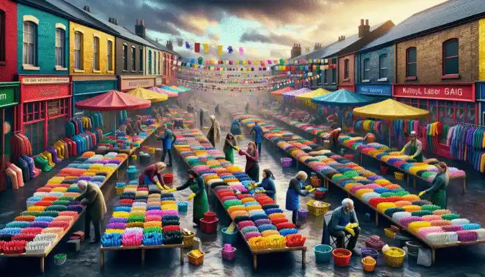 Colorful rubber gloves displayed at Kirkby market, shoppers compare products, expert buying tips visible.