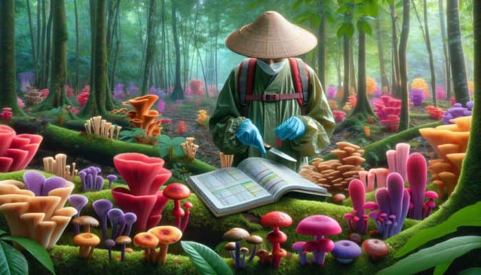 A forager in a forest using a field guide, gloves, and knife to identify and cut a mushroom amidst diverse flora.