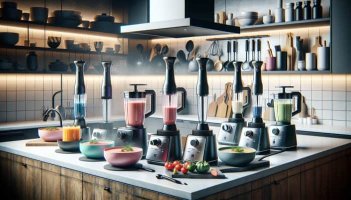 Colorful immersion blenders on a kitchen countertop with steaming bowls of soups and sauces.