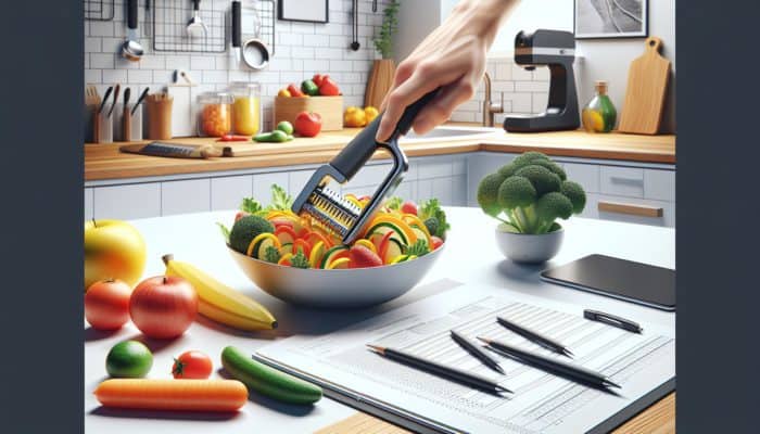 Best Peelers for Effortless Prep: Hand using ergonomic Y-peeler on fruits and vegetables in a modern kitchen.