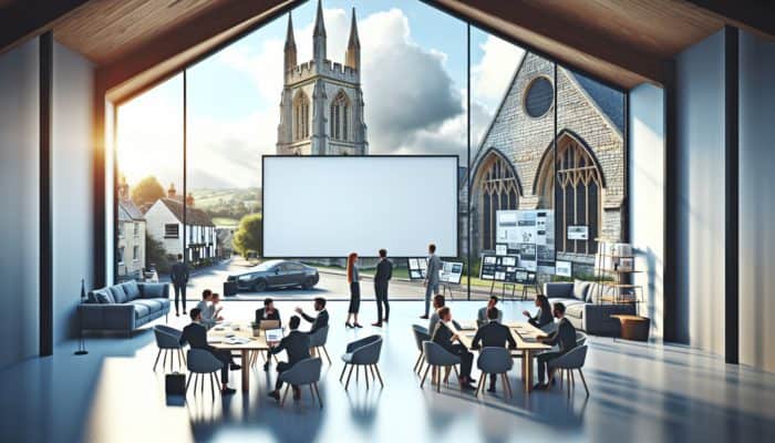Contemporary WordPress design studio in Glastonbury, featuring professionals collaborating around a large screen against a historic architectural backdrop.