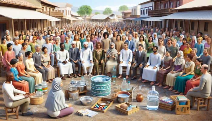 Diverse community at water safety workshop in town square, led by local leaders with educational posters.