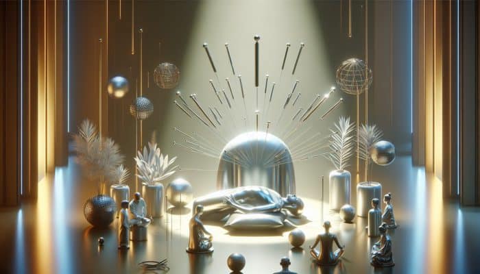 A serene acupuncture session with needles enhancing focus, soft lighting, tranquil decor, experts discussing techniques.