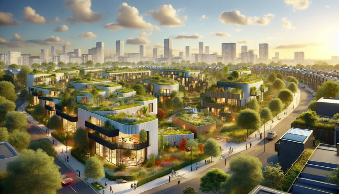 A vibrant East London neighborhood with sustainable homes and green spaces, appealing to eco-conscious remote workers.