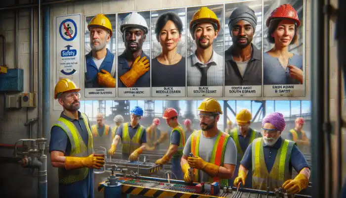 Diverse Stamford workers wearing safety gloves in industrial setting with safety posters.