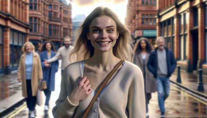 Young woman from Manchester confidently walking through the city, symbolizing triumph over anxiety with CBT, therapist in background.