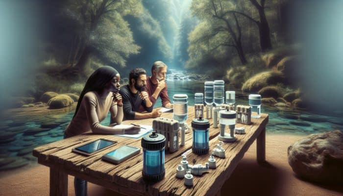 Person examining portable water filters on a wooden table in a forest with streams.