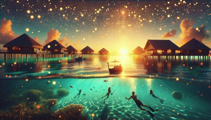 A serene Ramon's Resort during off-peak season, with fewer guests and personalized service, early bookers diving at sunrise.