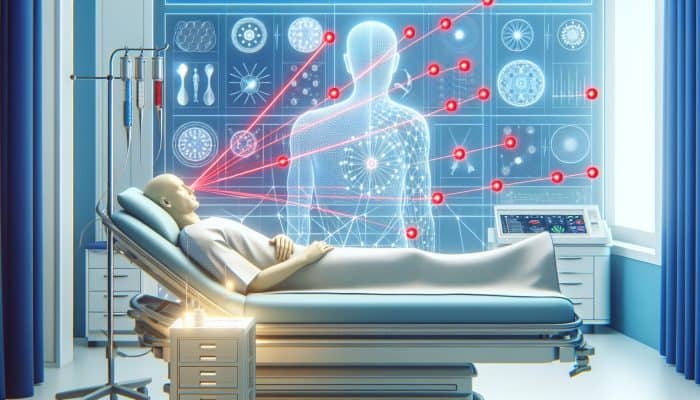 Laser Acupuncture for Men: Soft red laser beams gently stimulating acupuncture points on a relaxed patient in a modern clinic.