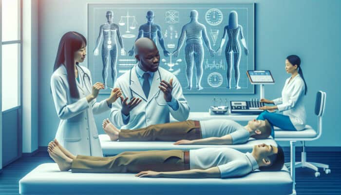 A modern acupuncture clinic featuring practitioners discussing weight loss benefits, patients undergoing treatment, and efficacy charts.