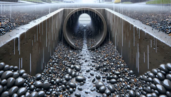 An efficiently maintained French drain system in South Vancouver showcasing clear pipes, organized gravel, and an unobstructed outlet during rainfall.