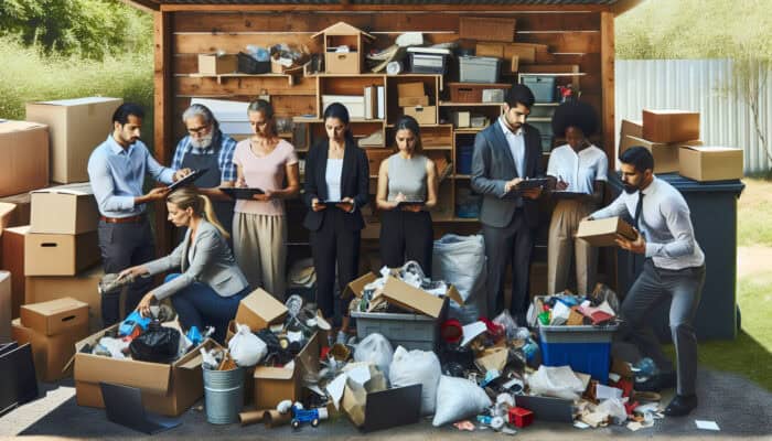 Professional team clearing shed, sorting items for recycling, ensuring compliance, advising homeowners.