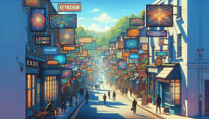 Keynsham high street showcasing small businesses utilizing vibrant digital ads for successful marketing strategies.