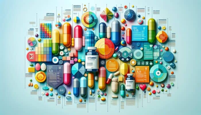 Colorful infographic offering tips for creating supplement-focused content, showcasing vitamins and capsules.