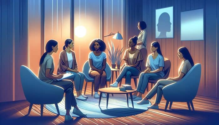 Mental Health Resources for Women: Diverse women receiving tailored mental health care from NHS professionals in a serene environment.