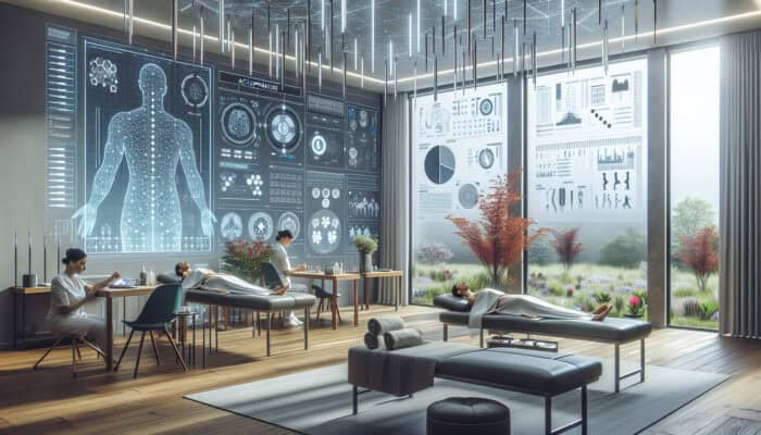 A serene clinic room in the UK with patients receiving acupuncture, surrounded by modern technology and natural elements, symbolising holistic health and well-being.
