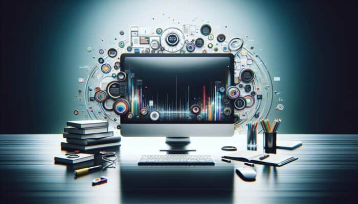 A modern workspace with a computer showing Clearscope's SEO tools and graphs, surrounded by SEO strategy notes and books.