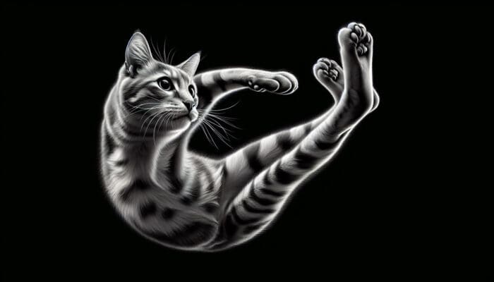 A cat mid-air, twisting its body to land on its feet, demonstrating the righting reflex.