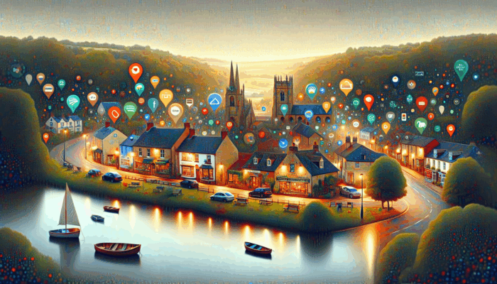 A digital marketing scene in Stow-on-the-Wold with small businesses using local SEO and Google My Business.