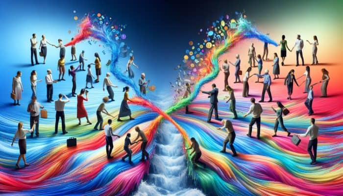 Living Debt-Free After Consolidation Loans: Person merging chaotic debt streams into one clear river, symbolizing debt consolidation and relief.