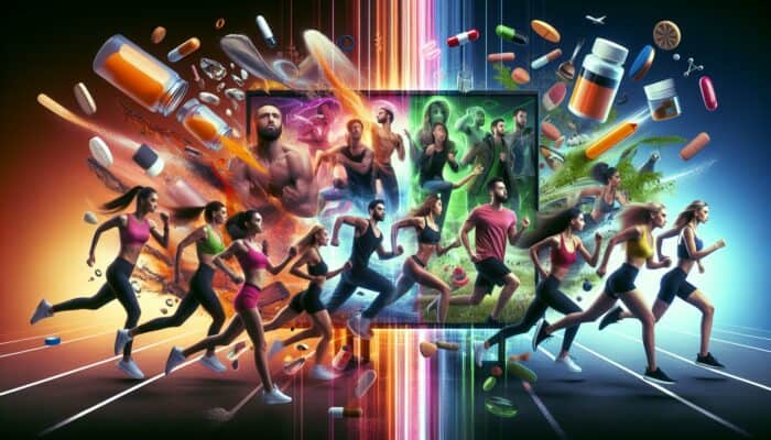 A split-screen illustration: left shows an energetic TikTok video of individuals showcasing quick supplement transformations; right illustrates a detailed TV scene depicting character growth through product use.